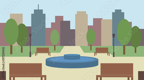 a cartoon city park with benches and a fountain.