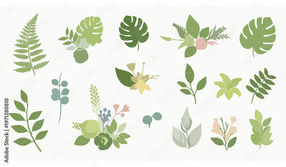 Fototapeta premium Decorative green leaf floral flat vector illustration set