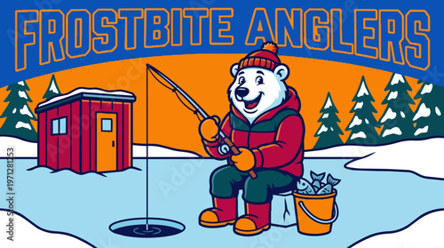 Polar bear ice fishing cartoon.