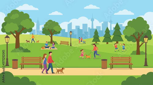 people walking in a city park.