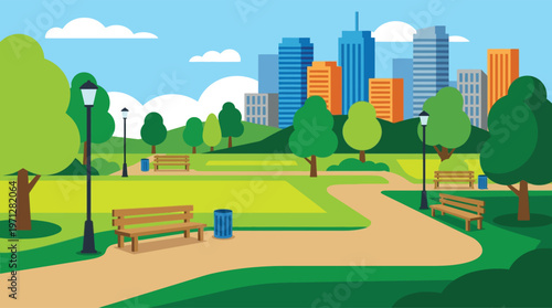 a cartoon city park with buildings.