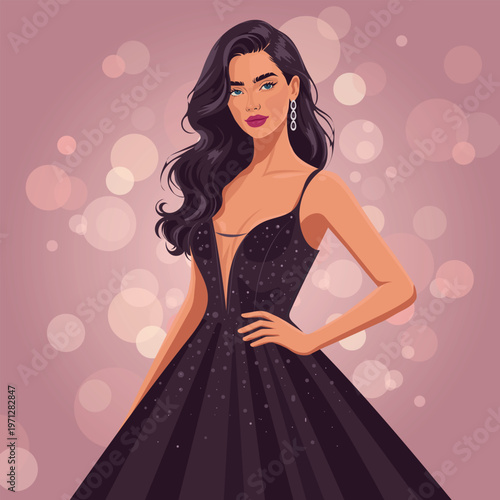 Elegant Young Woman in a Sparkling Plum Noir Evening Gown on Pink Bokeh Background, Glamorous Fashion Vector Illustration of a Beautiful Girl with Long Wavy Dark Hair for Party, Prom, Luxury Design.