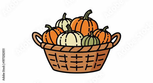 Woven basket overflowing with colorful, cartoon-style gourds