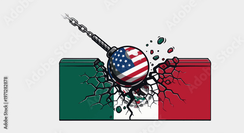 Wrecking ball with flag smashes wall with flag