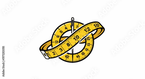 Yellow measuring tape and needle form a circular design with numbers and markings
