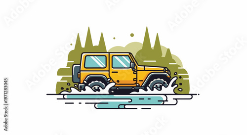 Yellow off-road vehicle splashing through water with stylized trees background