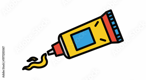 Yellow tube extruding yellow substance with blue and red accents