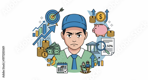 Worried man surrounded by financial symbols and growth charts