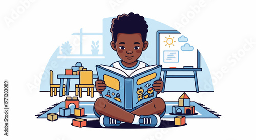 Young boy cross-legged reading an open book with colorful illustrations