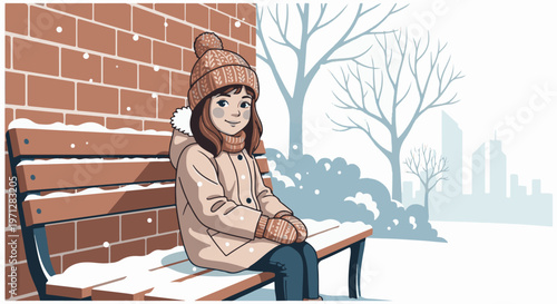 Young girl in winter attire sits on a snowy bench near brick wall