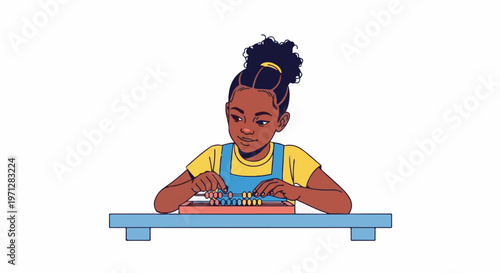 Young girl with curly hair using an abacus to count
