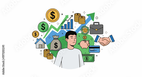 Young man contemplating financial symbols including money, house, and investment growth