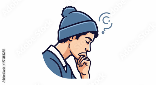 Young person in a beanie thoughtfully resting chin on hand, question mark