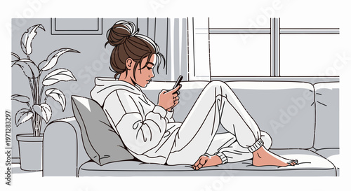 Young person in loungewear relaxing on a sofa, engrossed in their phone