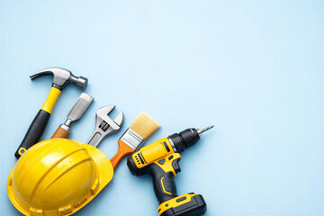 construction tools on a light blue background, Labor day 1st may workers rights international workers day celebration, free space for text and copy