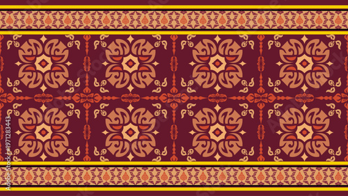 Luxury Art Deco Seamless Pattern with Golden Rosette and Diamond Motifs on Deep Maroon Background Vector