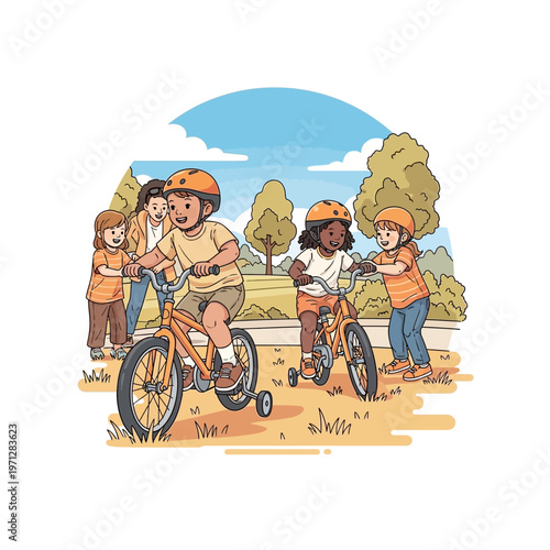 Children learning to ride bicycles and skateboard in a sunny park with adults supervising.