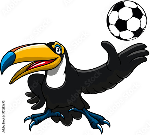 Cartoon Toucan Playing Soccer with a Ball.