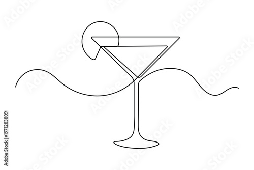 Minimalist one line drawing of a martini cocktail glass with lemon garnish on white background