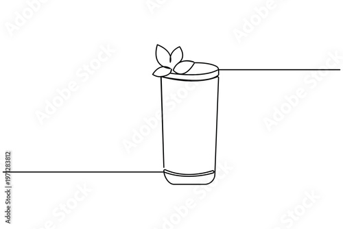 Single one line drawing of a highball cocktail glass topped with fresh mint leaves for menu design