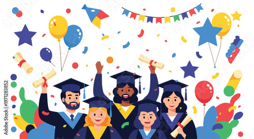 Diverse group of graduates celebrating with colorful balloons and confetti in academic regalia