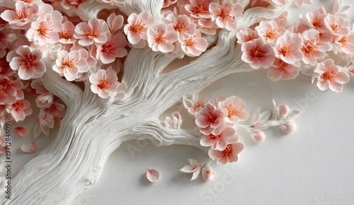 Elegant white and pink cherry blossom flowers arranged on textured, flowing wood-like branches against a clean white background.