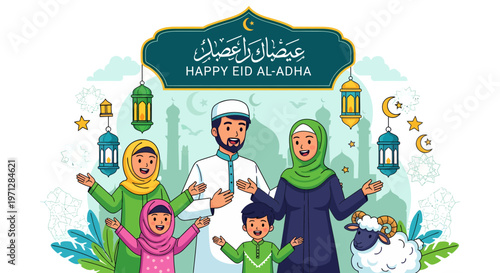 Happy Eid al-Adha Greeting Card Featuring a Muslim Family and a Sheep