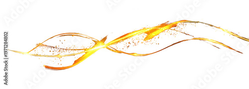 Dynamischer goldener Flüssigkeitsspritzer mit feinen Tropfen und eleganten Wellen isoliert auf weißem Hintergrund für luxuriöses Grafikdesign.