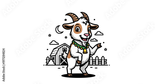 Playful and friendly cartoon goat illustration showcasing a happy farm animal standing with a bell against a rustic countryside backdrop under the moon