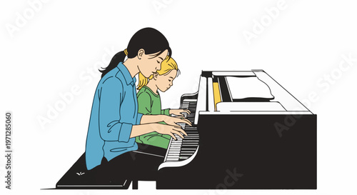 Woman and child playing piano together, learning music lesson