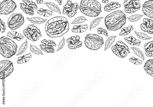 Walnuts monochrome vector isolated rectangle border. Whole unshelled nuts, shelled kernels, leaves frame with copy space for text. Food template for recipe cards, autumn harvest flyers, bakery labels