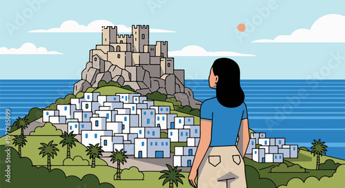 Woman admires picturesque coastal village with ancient castle on hill
