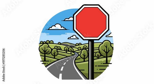 Winding road through rolling green hills with a stop sign