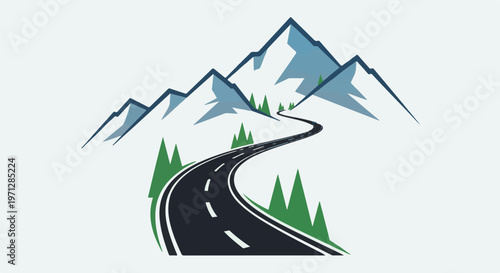 Winding road leads to snowy peaks and green pine trees