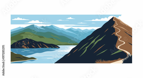 Winding mountain path leads to summit overlooking a serene lake and distant peaks