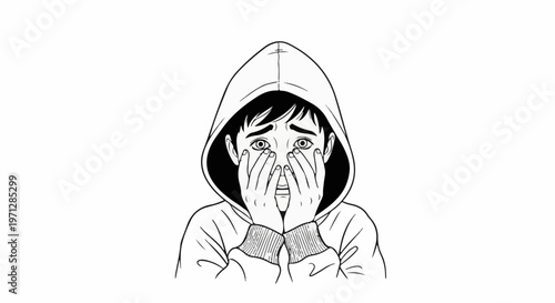 Wide-eyed person in hooded sweatshirt covers face in distress