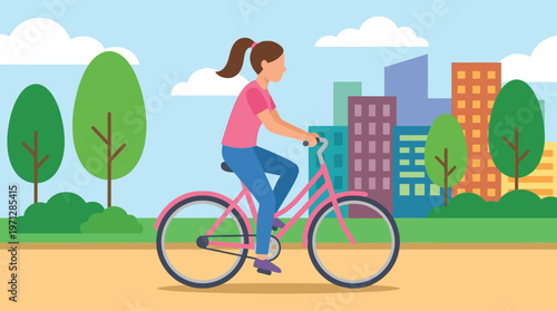 Woman riding bicycle on city park path.