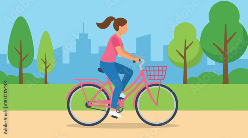 Woman riding a pink bicycle outdoors.