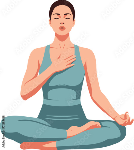 Woman meditates deeply, placing a hand over her chest for mindful.