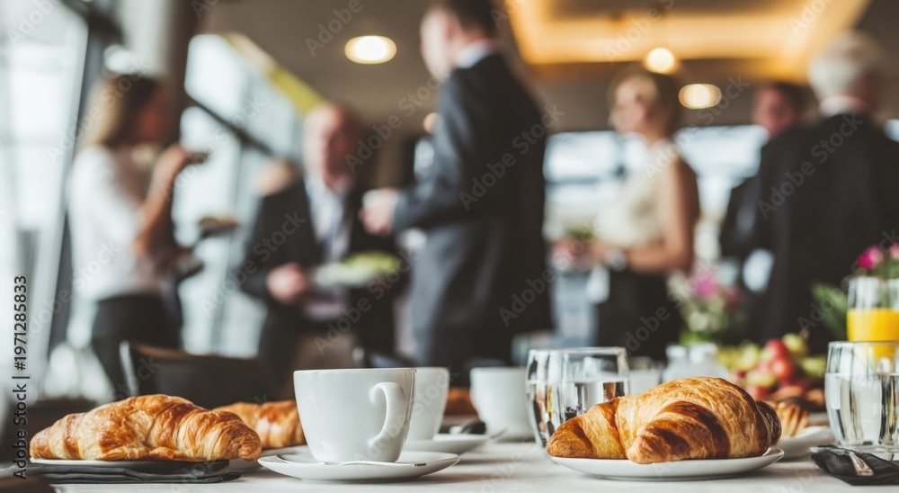 Fototapeta premium Business professionals networking over coffee and croissants in a bright, modern setting.