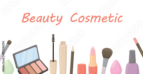 Horizontal banner with beauty cosmetic products. Concept with brushes, mascara, lipstick, eyeshadow palette, sponge, nail polish