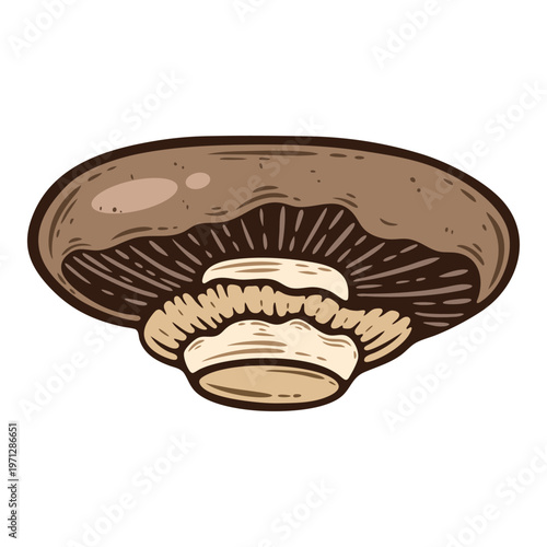 Portobello, large sized mushroom, with brown cap, colourful, hand-drawn illustration, line art contour, isolated