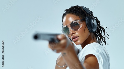 Young woman aiming a firearm while wearing protective headphones and sunglasses, showcasing focus and precision in a controlled shooting environment