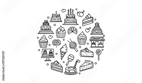 Bakery and cake icons with birthday wedding and dessert symbols editable stroke thin line vector for cafe and food infographic