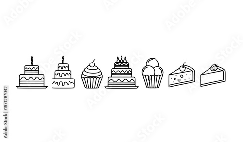 Minimal cake and bakery line icons with birthday wedding cupcake and cheesecake editable stroke vector for food app and UI design