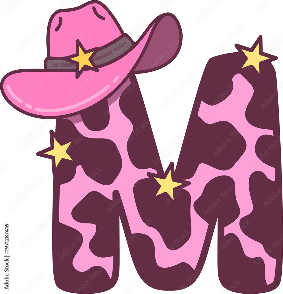 Fototapeta premium Pink Cow Print with Cowgirl Hat Alphabet M