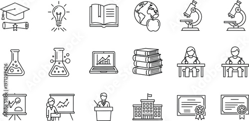 Hand-drawn education icons with graduation cap with light bulb