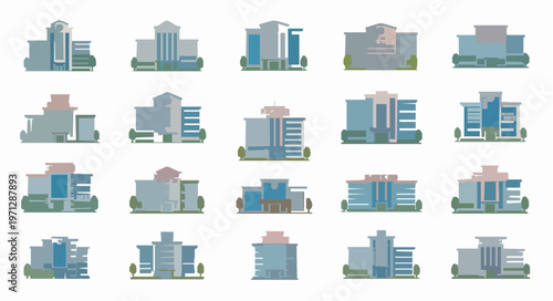Hospital building flat vector set in grid layout with medical facilities editable and customizable isolated on white