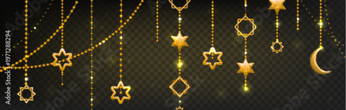Ramadan decoration garland with golden crescent or moon and glowing stars on transparent background. Vector illustration of islamic hanging decor, festive gold pendants for Eid celebration.