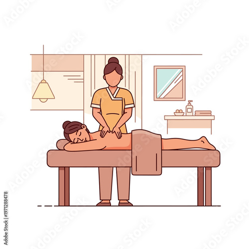 A woman receiving a relaxing back massage from a professional masseuse in a serene spa room.